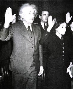 Albert Einstein with his step-daughter Margot taking the oath of US Citizenship, New Jersey by Unknown photographer