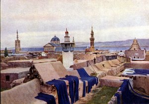 Blue cotton fabrics put to dry on the roofs of dyers in Damascus (Syria).