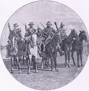 Boers armed with rifles and umbrellas, from After Pretoria: The Guerilla War published by Harmsworth Bros Limited by Unknown photographer