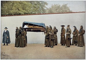 Brothers of a charitable jam carrying a sick person to the hospital, Italy, late 19th century