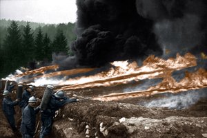 French Soldiers using Flame-Throwers from the Trenches, Chemin des Dames by Unknown photographer