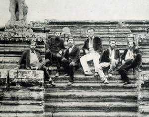 Group Portrait of Members of the Mekong Exploration Expedition 1866-1868 (Garnier, Doudart de Lagrée) on the Steps of Angkor Vat by Unknown photographer