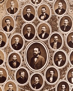 Portraits of members of Prague Provisional Theatre Orchestra, with Antonin Dvorak and Bedrich Smetana