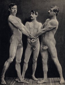 The Oath of the Horaces, pose three naked men taking oath. Photography, late 19th century, Paris. Coll. Selva