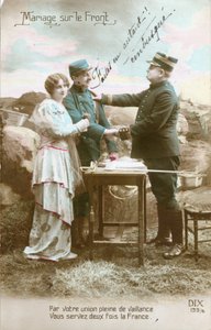 WWI Postcard, Marriage on the Front of a Soldier (Poilu) and a Young Woman, Military Auxiliary, by an Officer Qualified as Ambushed by Unknown photographer
