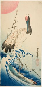 Crane, Waves, and Rising Sun