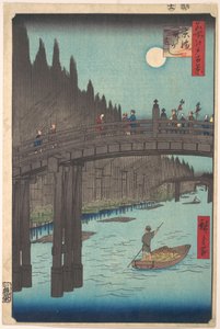 Full Moon Over Canal, with Bridge and Huge Stacks of Bamboo along the Bank by Utagawa Hiroshige