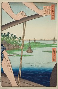 Haneda Ferry and Benten Shrine, No.72 from the series "One Hundred Famous Views of Edo" by Utagawa Hiroshige