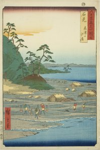 Iwami Province: Salt Beaches near Takatsu Hill (Iwami, Takatsuyama shiohama), from the series "Famous Places in the Sixty-odd Provinces (Rokujuyoshu meisho zue)" by Utagawa Hiroshige