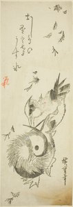 Mandarin Ducks Crossing Icy Pond Amid Falling Leaves by Utagawa Hiroshige