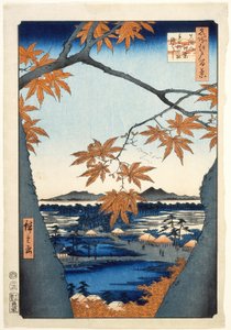 Maple Trees at Mama, Tekona Shrine and Linked Bridge by Utagawa Hiroshige