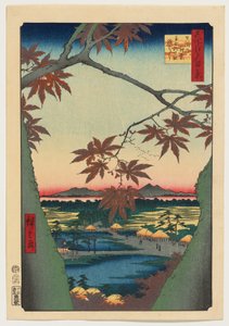 Maple Trees at Mama, Tekona Shrine and Linked Bridge by Utagawa Hiroshige