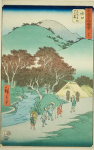 Minakuchi: The Famous Pines at the Foot of Mount Hiramatsu, no. 51 from the series "Famous Sights of the Fifty-three Stations," also known as the Vertical Tokaido