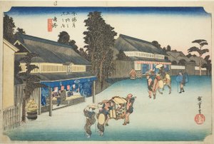 Narumi: Famous Tie-dyed Fabrics of Arimatsu, from the series "Fifty-three Stations of the Tokaido," also known as the Hoeido Tokaido