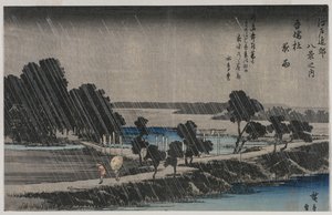 Night Rain at the Azuma Shrine (from the series Eight Views of the Environs of Edo) by Utagawa Hiroshige