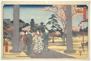 People visiting Hachiman Shrine: One Hundred Famous Views of Edo by Utagawa Hiroshige