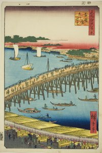 Ryogoku Bridge and the Great Riverbank (Ryogokubashi Okawabata), from the series "One Hundred Famous Views of Edo (Meisho Edo hyakkei)" by Utagawa Hiroshige