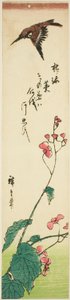 Sparrow flying over begonias by Utagawa Hiroshige