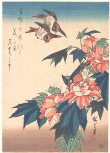 Swallows and Kingfisher with Rose Mallows by Utagawa Hiroshige