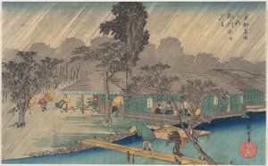 Tea-houses on the Bank of the Tadasu River in a Shower by Utagawa Hiroshige