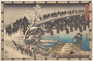 The Loyal Ronin Crossing the Long Bridge to Embark for the Night Attack upon Moronao by Utagawa Hiroshige