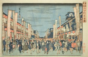 View of the Theaters in Nichomachi, from the series "Famous Places in the Eastern Capital" by Utagawa Hiroshige