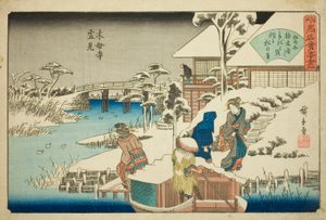 Viewing Snow at the Uekiya Restaurant at Mokubo Temple, from the series Famous Restaurants of Edo by Utagawa Hiroshige