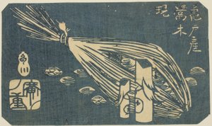 Warbler Wood Carvings and Clams of Kameido, section of a sheet from the series "Cutouts of Famous Places in Edo" by Utagawa Hiroshige