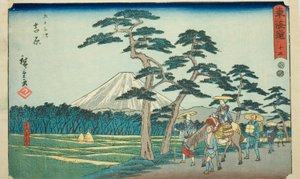 Yoshiwara: The Famous Sight of Mount Fuji on the Left—No. 15, from the series Fifty-three Stations of the Tokaido, also known as the Reisho Tokaido by Utagawa Hiroshige