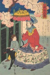 French Woman, Her Child and Pet Dog by Utagawa Hiroshige II