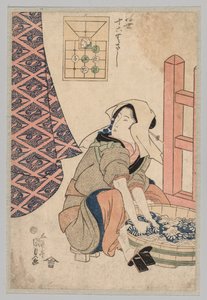 Seated Woman Washing Clothes in a Wooden Tub