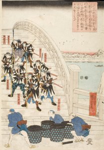 Early in the Morning of the 15th Day of the 12th Month, 1702, the 47 Loyal Retainers, Having Achieved Their Goal, All Crossed Ryōgoku Bridge with the Head of Their Enemy and Proceeded to the Memorial Temple by Utagawa Kuniyoshi