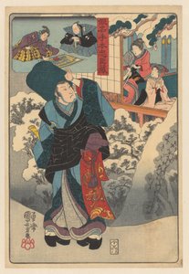 Traveling Monk in Snowy Landscape Looking at Room with Woman and Child (Kanadehon Chushingura) by Utagawa Kuniyoshi