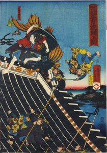 Sheet from a colour woodblock print triptych, entitled Horyukaku sho no zu depicting a scene from the Hakkenden of Takiwzawa Bakin showing a fight on the temple roof between Inuzuka Shino by Utagawa Kuniyoshi