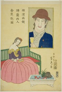 French Woman Admiring Goldfish at a Shop in Yokohama by Utagawa Sadahide
