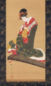 Woman Putting on Finger Plectrums to Play the Koto, early 19th century
