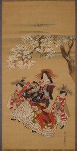 Courtesan with Two Kamuro Under Cherry Blossoms by Utagawa Toyokuni
