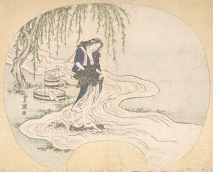 A Woman Stands on a Rock in a Stream Washing Clothes by Utagawa Toyokuni II