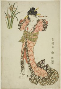 Irises: Beauty Arranging Hair, from an Untitled Series of Beauties and Flowers by Utagawa Toyokuni I