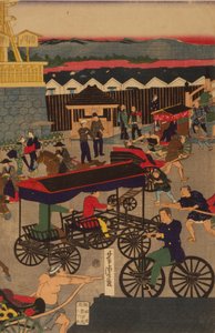 Flourishing Nihonbashi section of Tokyo. Tokyo Nihonbashi han ei no zu Triptych by Utagawa Yoshitora