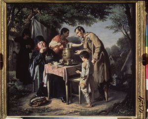 Drinking tea at Mytishchi, near Moscow. (Orthodox monks drinking tea in a garden, a cripple and a poor child begging, repelled by a servant). Painting by Vasili Grigorievich Perov (1834-1882) by Vasili Grigorevich Perov