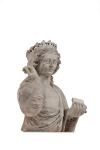 A carved marble bust of a crowned female saint