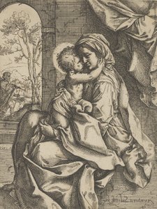 The Virgin Seated with the Christ Child on Her Lap Embracing Her, Joseph Seen Through