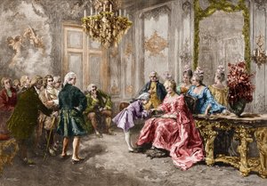 Wolfgang Amadeus Mozart at Madame de Pompadour. Engraving After the Painting of M. V. de Paredes by Vicente de (after) Paredes