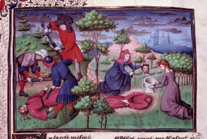 Murder scene of two men whose murderers cut their head off. Page of a manuscript in French of the Decameron by Giovanni Boccaccio. 1450. Paris, Library of the Arsenal