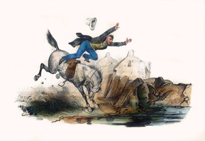 A rider falls after the rush of his horse. In “Album Grotesque, Choices of Outstanding Types”, illustrations by Victor Adam, Paris, circa 1850.