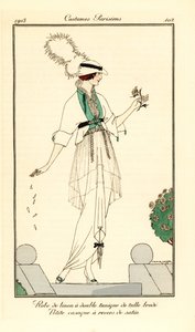 Woman in linen dress with double tunic in embroidered tulle, little casaque jacket lined with satin