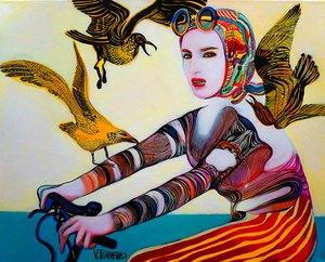 Vibrant Cyclist and Birds
