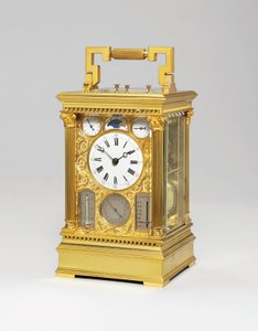 French brass grande sonnerie eight day carriage clock with full calendar, moonphase, barometer & thermometer by Victorien Boseet