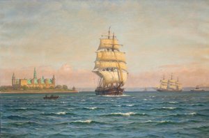 Sailing Ships and a Ferry off Kronborg by Vilhelm Arnesen